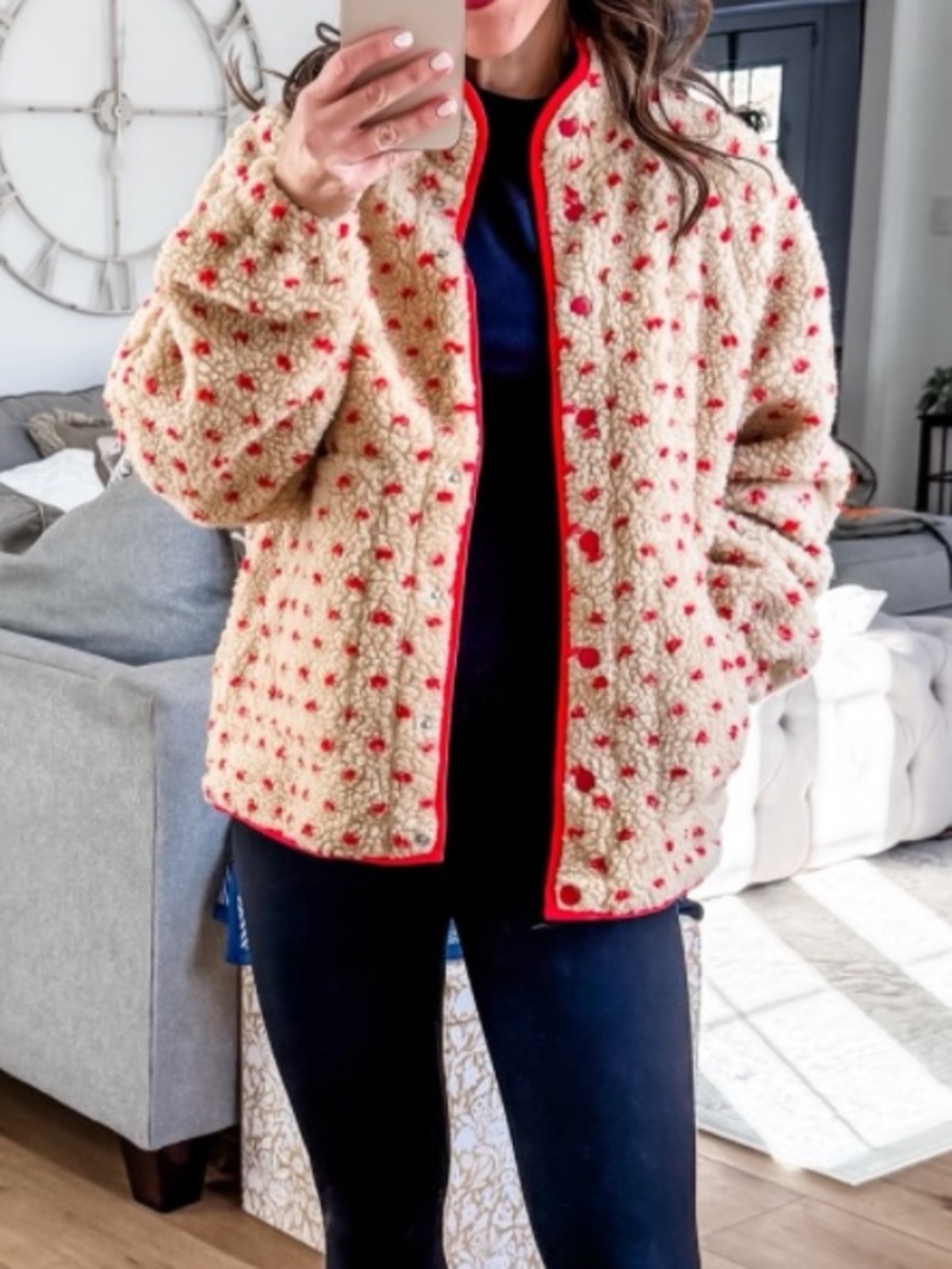 Cream Sherpa Jacket with Red Dot Trim🚌